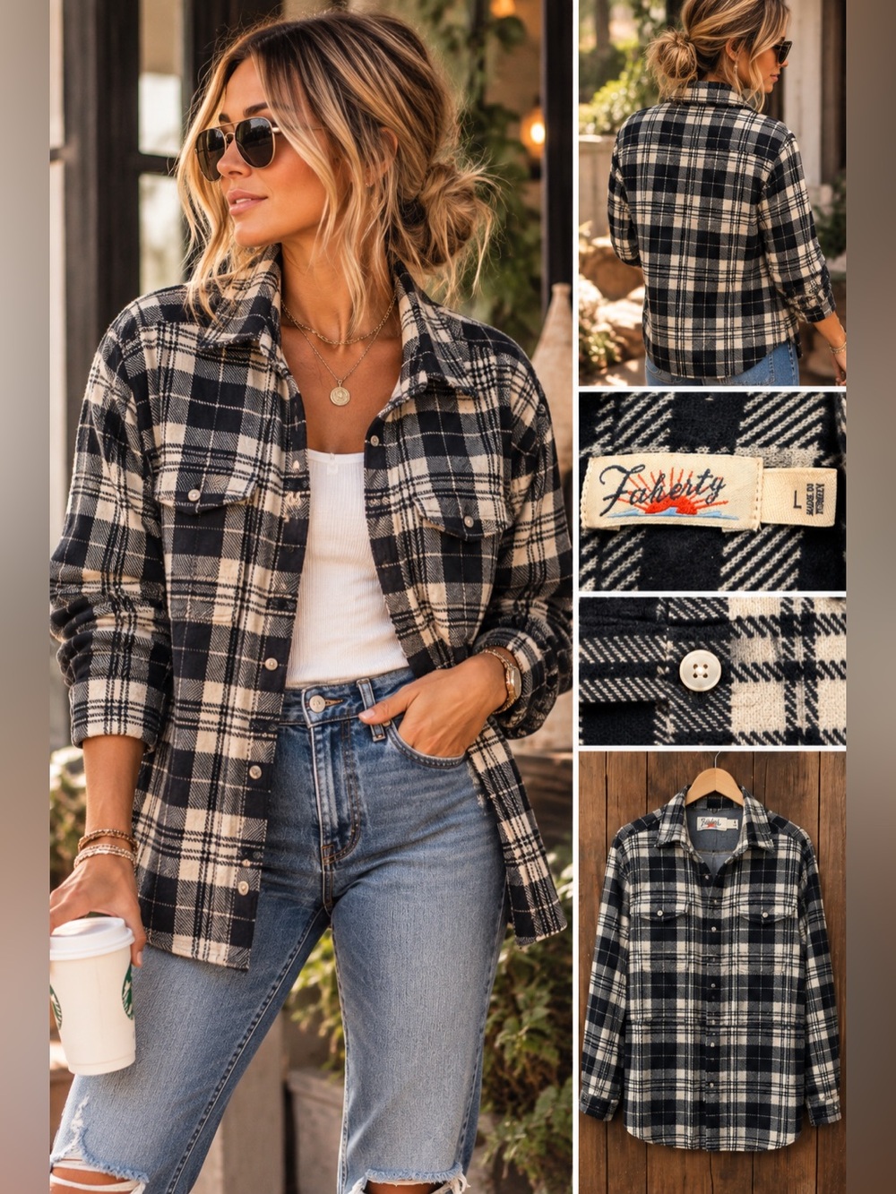 Faherty Legend Sweater Shirt Plaid Black Cream Size Large